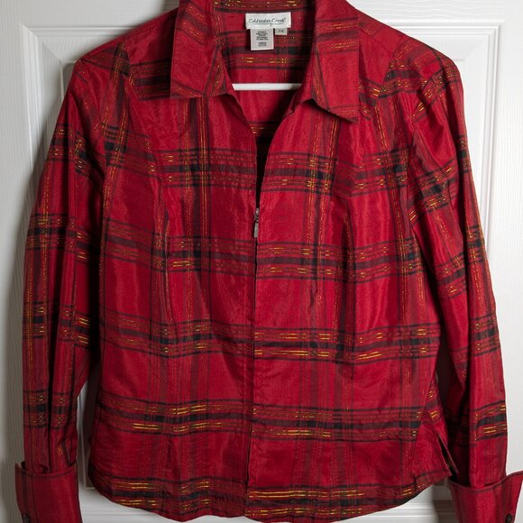 Coldwater Creek Women's Silk Red Gold Metallic Plaid Top Zip Front Petite Medium - Picture 4 of 16